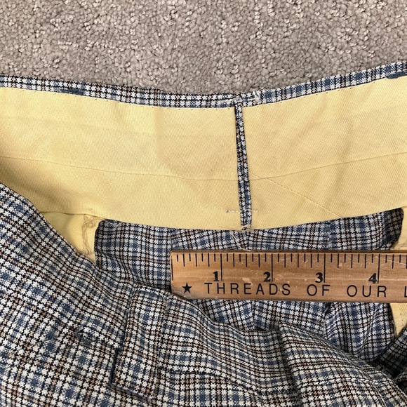 Vintage Trousers Mens 32W 29L Blue Tan Micro Check Plaid Flat Front High Rise - Picture 10 of 13